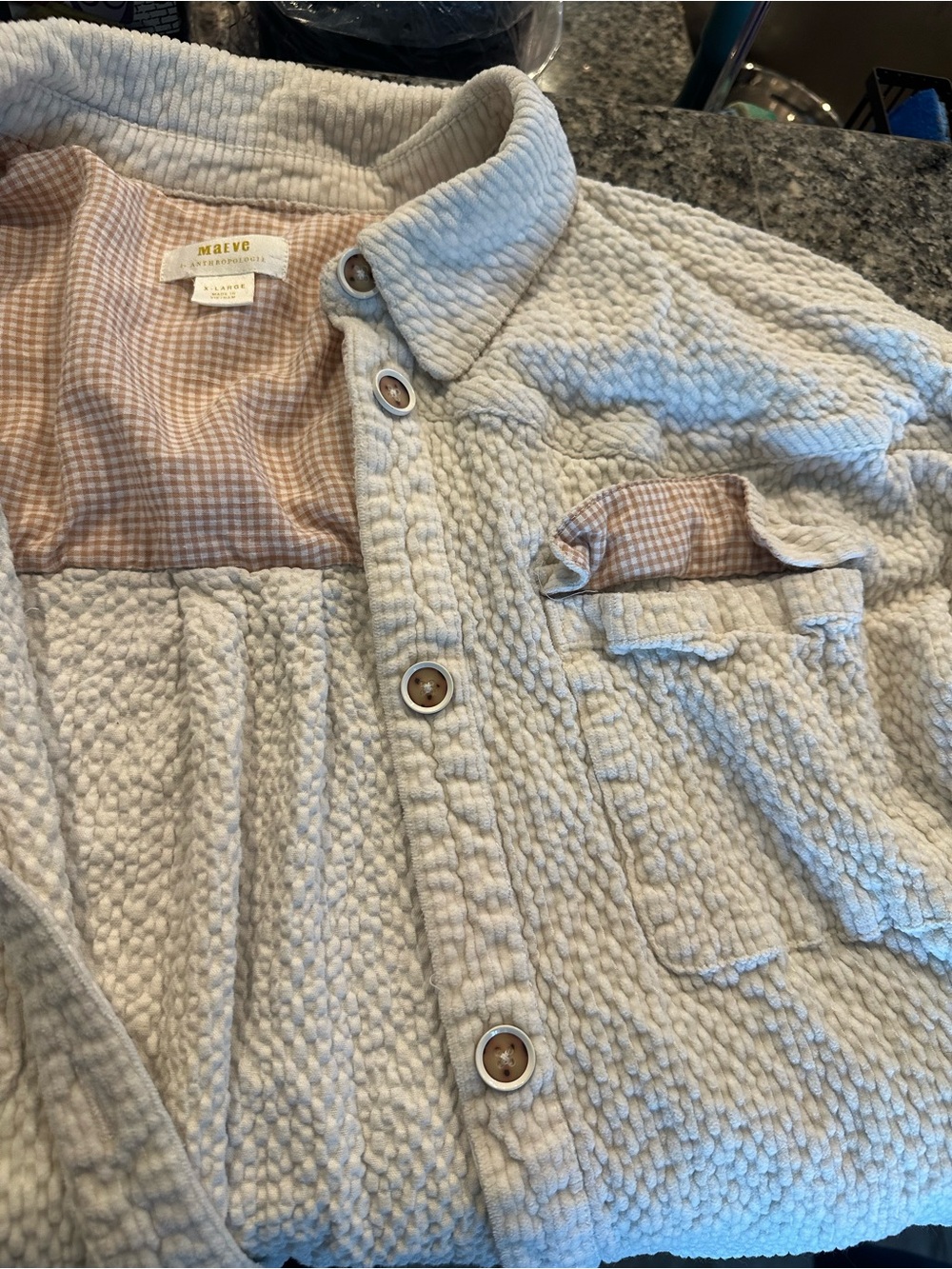 Maeve Cream Textured Button-Down Shirt Jacket with Gingham Lining